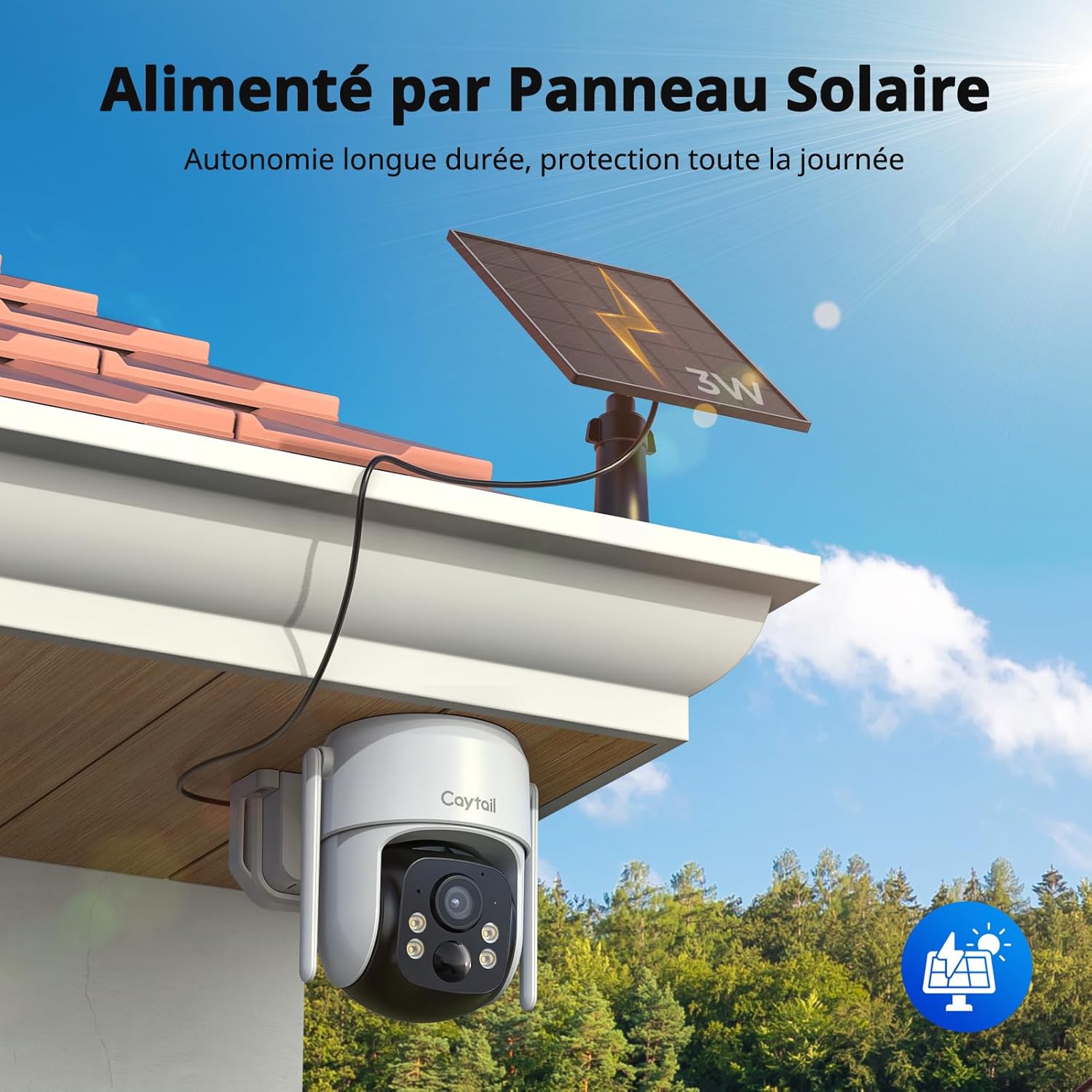 camera 2 K aliment&eacute; panneau solaire, &eacute;tanche